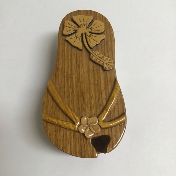 Flip Flop Wood Puzzle Box Secret Jewelry Box Polished Velvet Lined Hawaii Floral - Picture 11 of 16